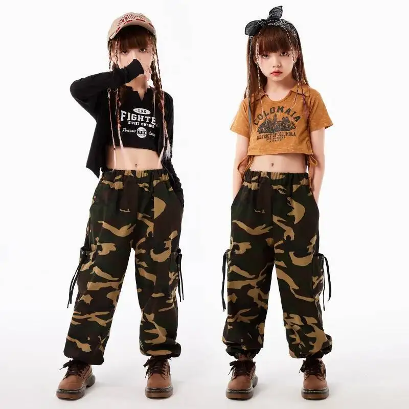 Ropa de calle para niños, ropa de Hip Hop para adolescentes, camisetas sin mangas cortas, pantalones para correr de camuflaje para niñas y niños, trajes de baile de Jazz, ropa