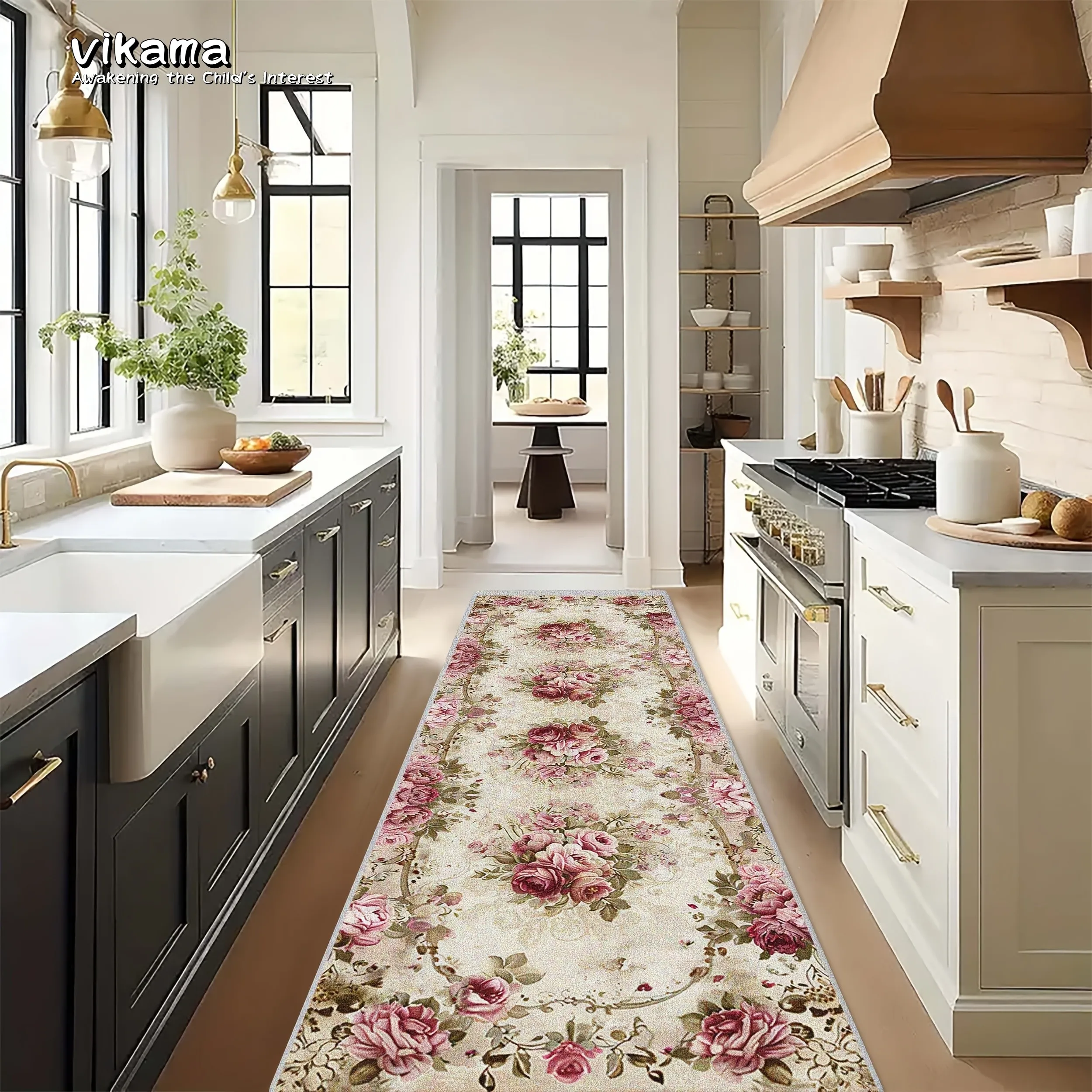 VIKAMA Vintage-Blumenteppich, Küchenmatte mit Vintage-Blumenmuster, rutschfest für Innenräume im klassischen Bauernhausstil im Freien