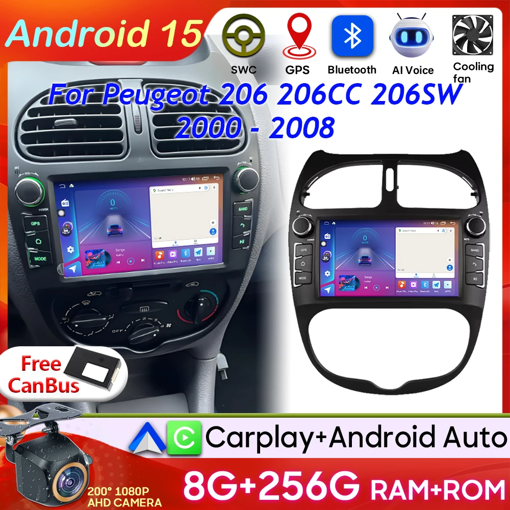 Android Auto Carplay para Peugeot 206 206CC 206SW 2000 - 2008 navegación GPS vídeo Radio de coche Monitor de coche pantalla No 2din BT DSP