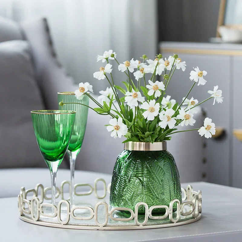 Vintage Vase Green Leaf Golden Glass Flower Pot Water Nourishing Exquisite Home Decor Living Room Table Light Luxury Decoration