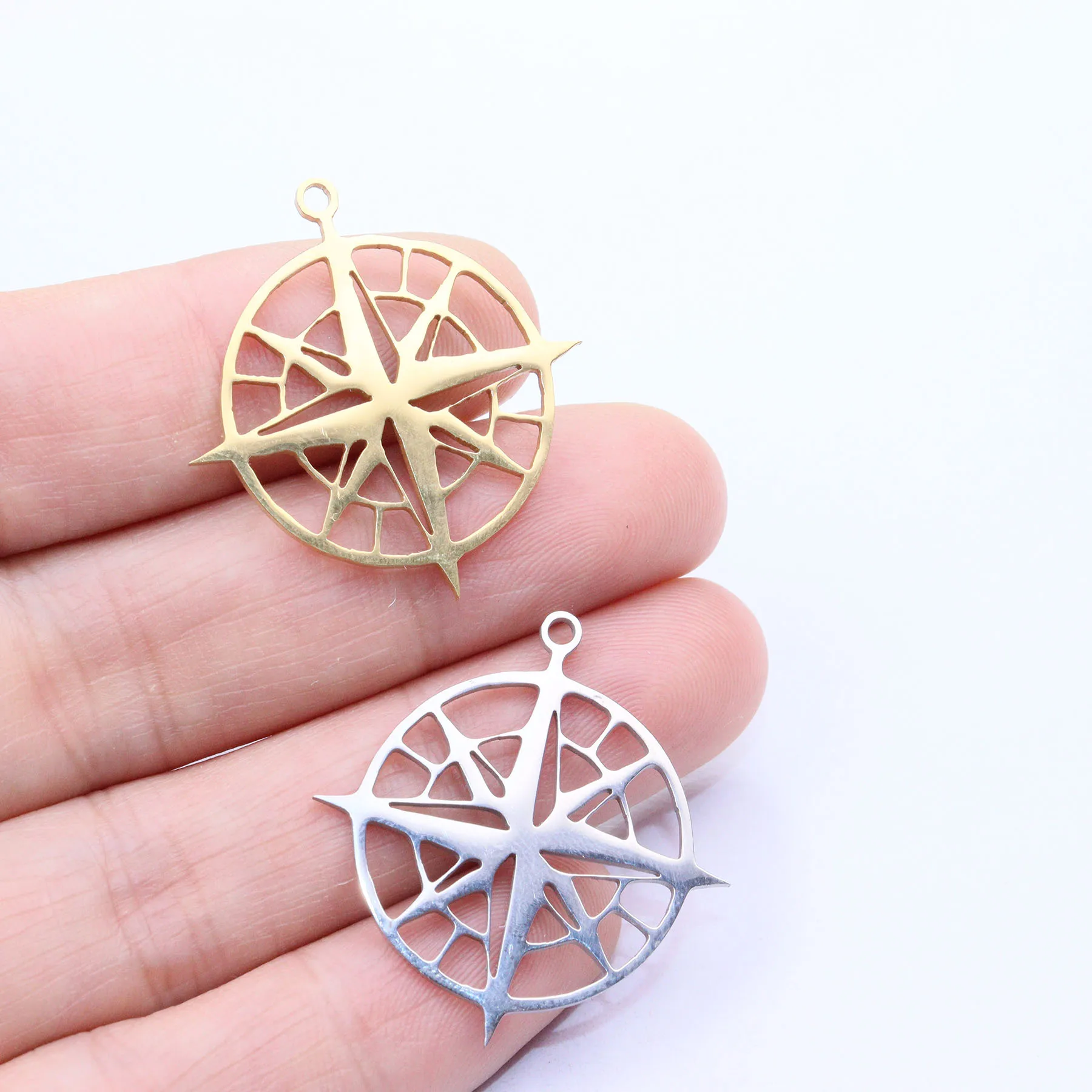 5pcs Stainless Steel Shiny Beautiful Compass Fashion Jewelry  Charms Pendant DIY Handcraft Waterproof Antiallergic Vacuum Plate