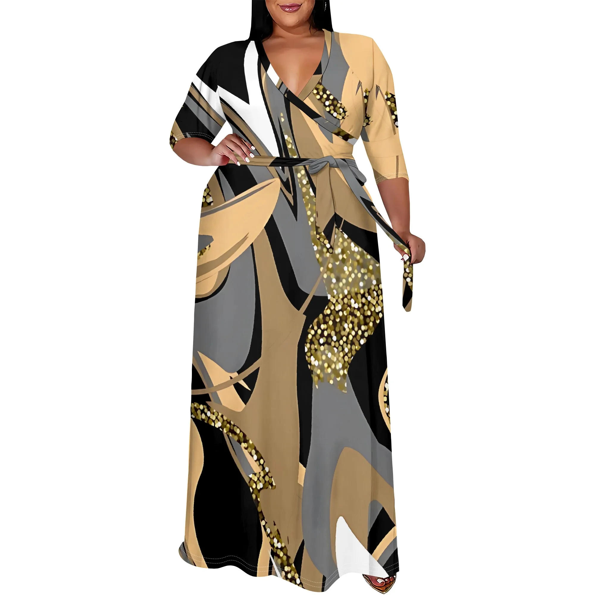 Plus Size Women's 3/4 Sleeve V Neck Women With Pocket and Bel Long Dress Fashion Printed Split Hem Club Party Casual  Maxi Dress
