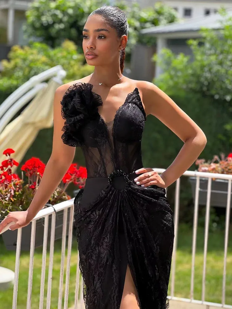 Women Celebrity Sexy Strapless Backless Ruffles Black Maxi Long Bodycon Dress 2024 Elegant Evening Party Club Dress Vestido