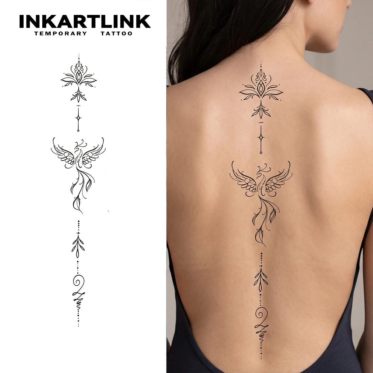 INKARTLINK 1PC temporärer Tattoo-Aufkleber für Damen – neues Design mit Phönixfeder-, Blumen-, Blatt- und vertikalem Streifenmuster