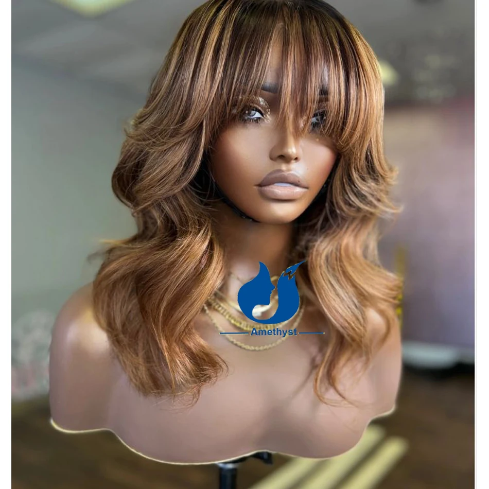 Amethyst Brown Wave Bang Wig with Blonde Highlights 100% Human Hair for Women Scalp Top Full Machine Made Wig None Lace Remy