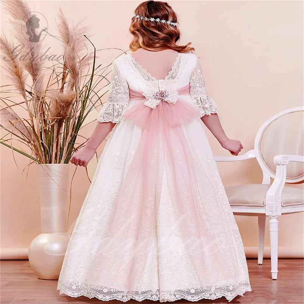 Elegant Flower Girl Dresses Lace Appliqué Bow Light Pink Belt Wedding holidays First Communion Birthday Prom Party Gown