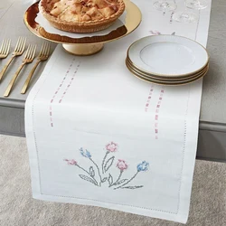 [Camellia Casa]Fresh Cross-stitch Tulip Table Runner/Placemat,Linen Look & Washable,Natural Color  72