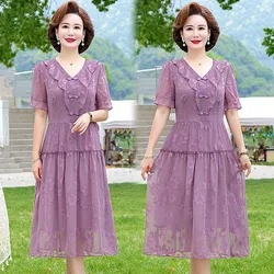 Elegant floral cut solid color dress A-Line Dress For Women Party Summer Short Sleeve Knee-Length Dresses Robe Femme Vestidos