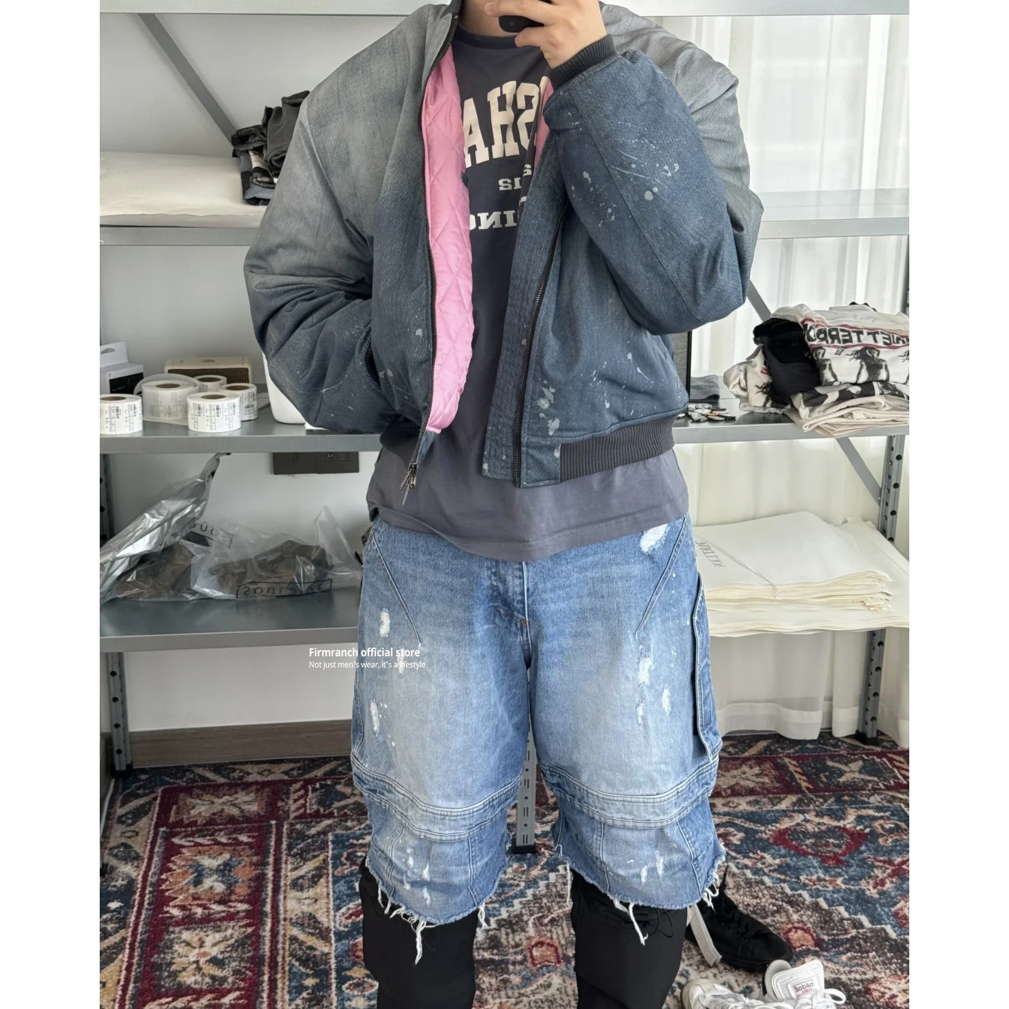 

Firmranch Archive Fashion Destruction Wash Jorts Oversized Cropped Pants Retro Splicing Old Denim Paratrooper Jeans Shorts