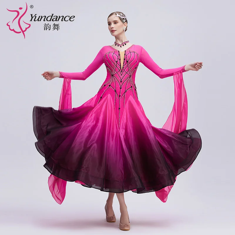 B-24048 Custom new international standard ballroom dance dress high quality ombre pearl silk ballroom dance dresses for sale