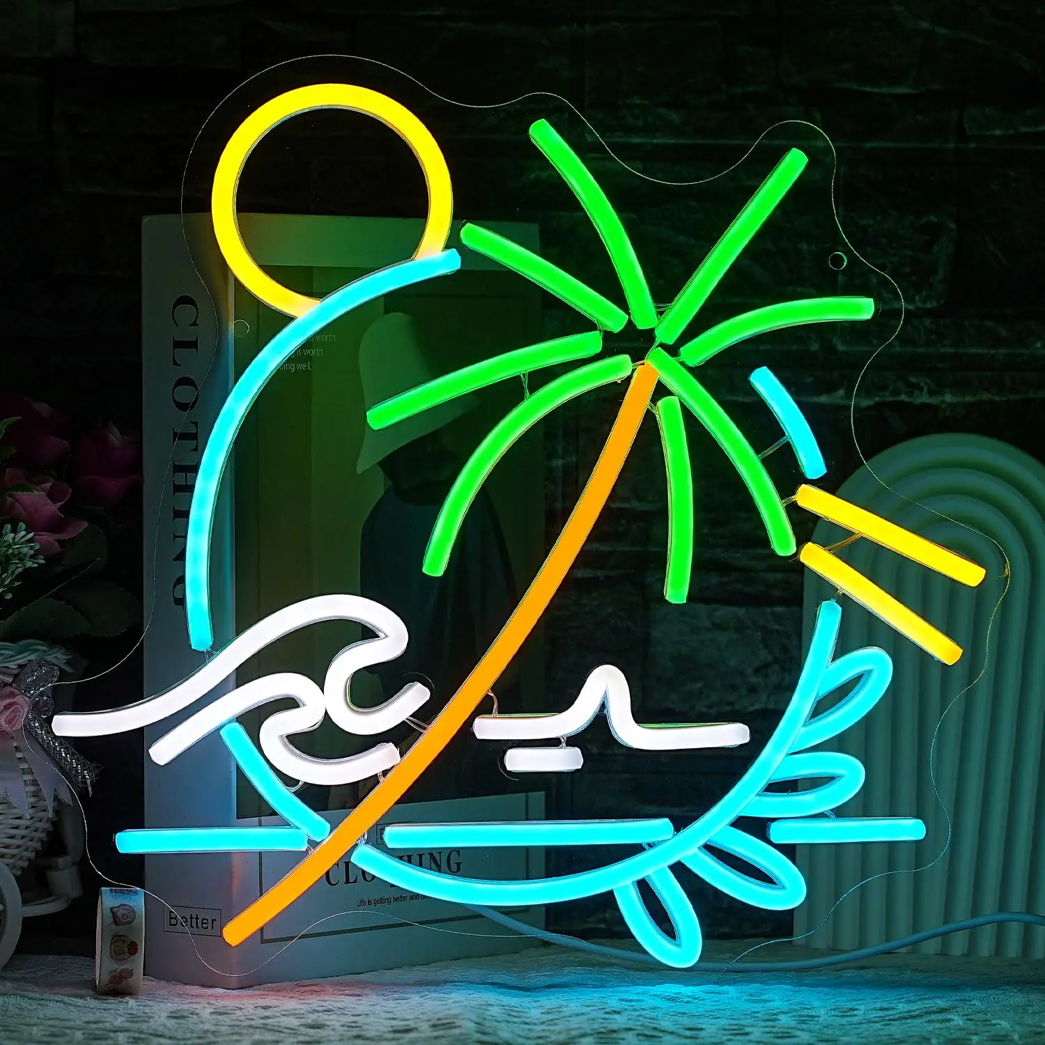 

Palm Tree Neon Sign for Wall Decor Sea Wave Circle Design Light Up Sign for Bedroom Living Room Man Cave Bar Hotel