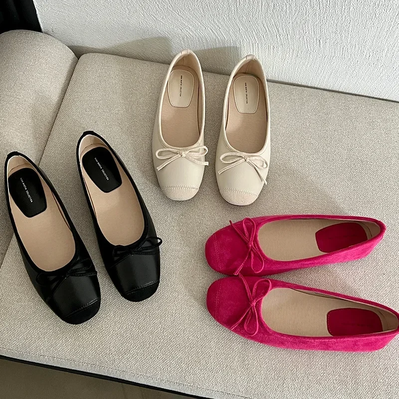 Women Gentle Bowknot Ballet Flat Shoes Korean Fashion Retro Elegant Round Toe Stiletto Pumps Autumn Dress Loafer Casual Shoes