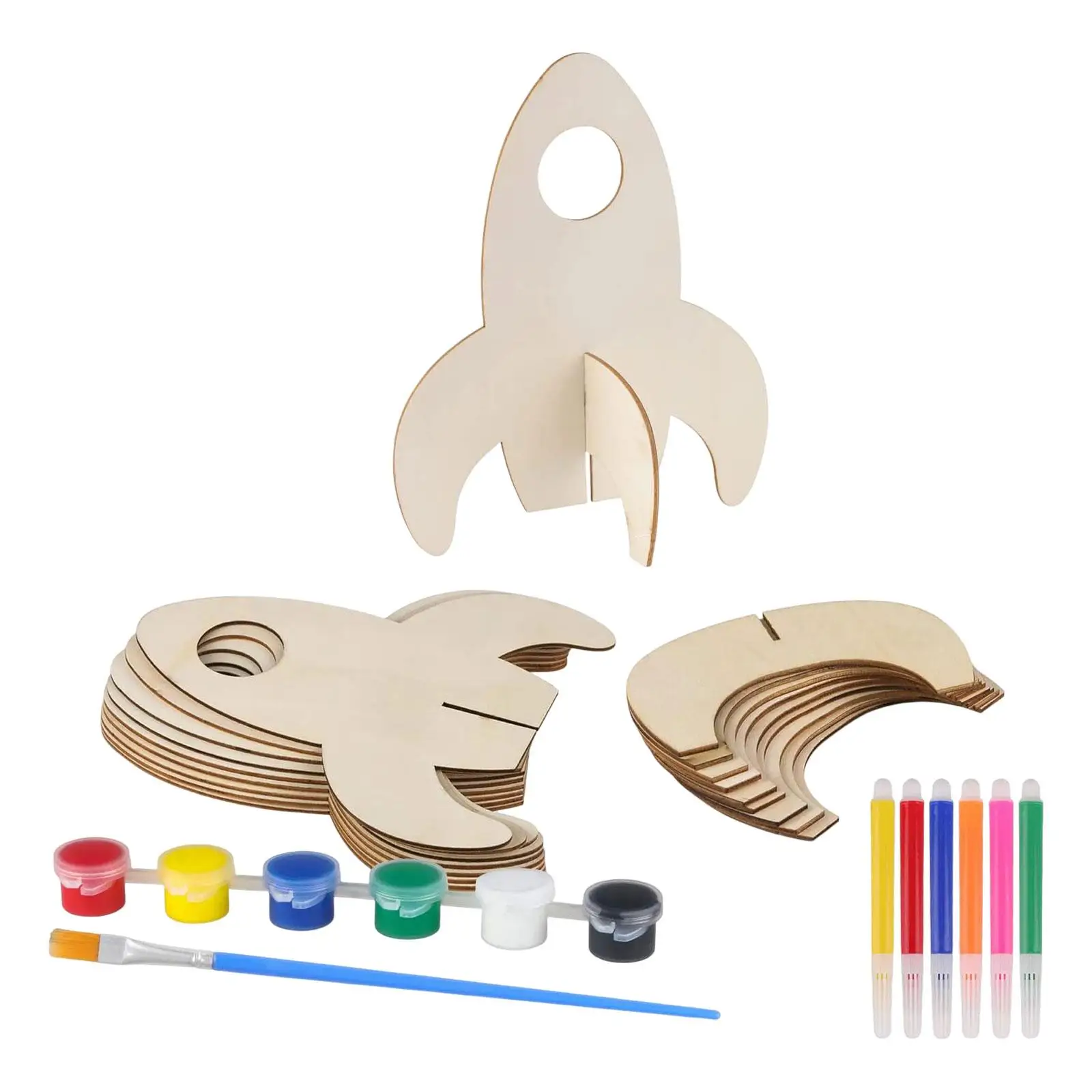 

10Pcs Unfinished Wooden Cutouts DIY Scrapbook Craft Tags Rockets Wood Shapes