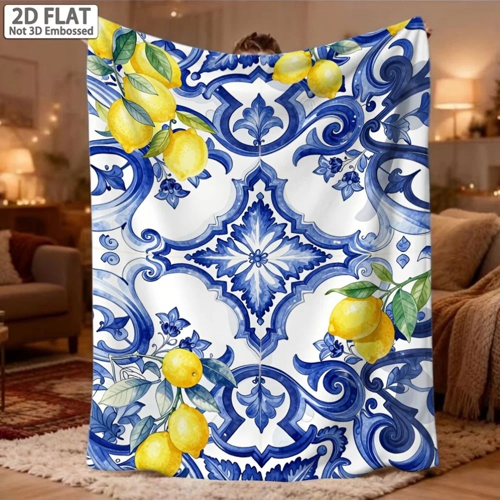 Mediterranean Lemon Print Throw Blanket Cozy Sofa Couch Manta Soft Bed Decor Blanket For Bedroom Living Room Decor