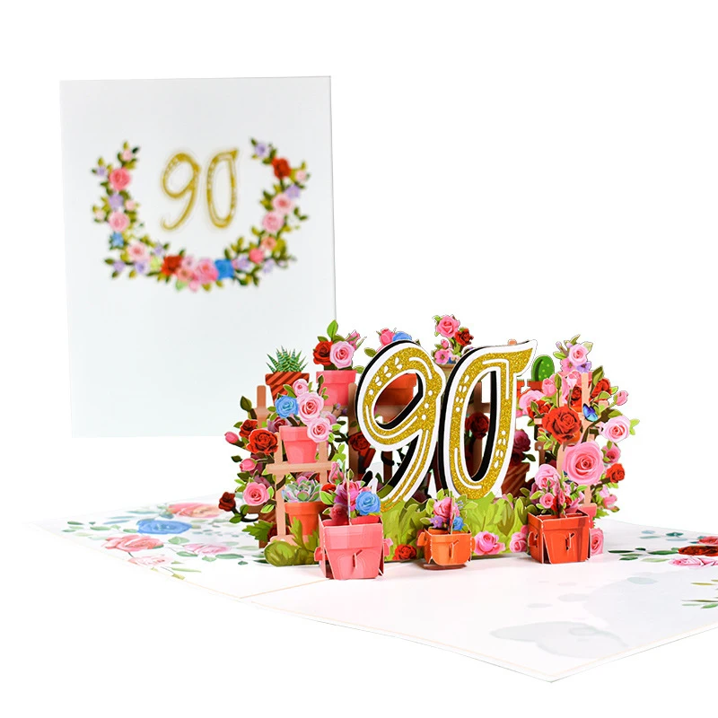 Cartoon 3D Ballon Greeting Card Blossom Pop Up 50/60/70/80/90/100 Anniversary Card For Birthday Valentine's Day