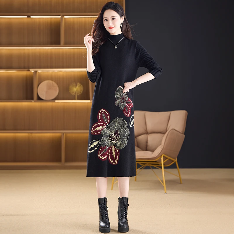 

Korean Fashion Print Knitted Pullovers for Women Autumn Winter Cashmere Thick Warm Sweater Dress 2025 Elegant Loose Prom Dresses