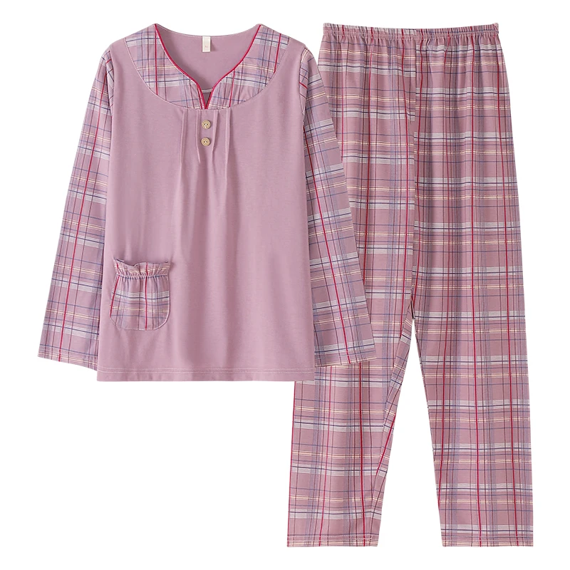 Checkered pajamas Spring and Autumn pure cotton women's pullover V-neck casual autumn women's pajamas