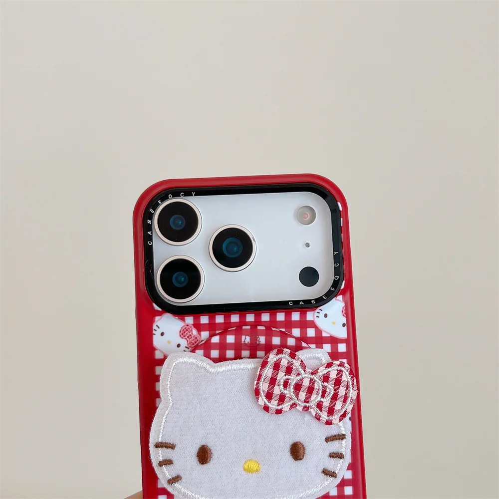 Корейский чехол INS с клетчатой вышивкой Hellokitty для Magsafe с магнитным держателем для iPhone 15, 14, 13, 16, Pro Max 17 Pro, защитный чехол