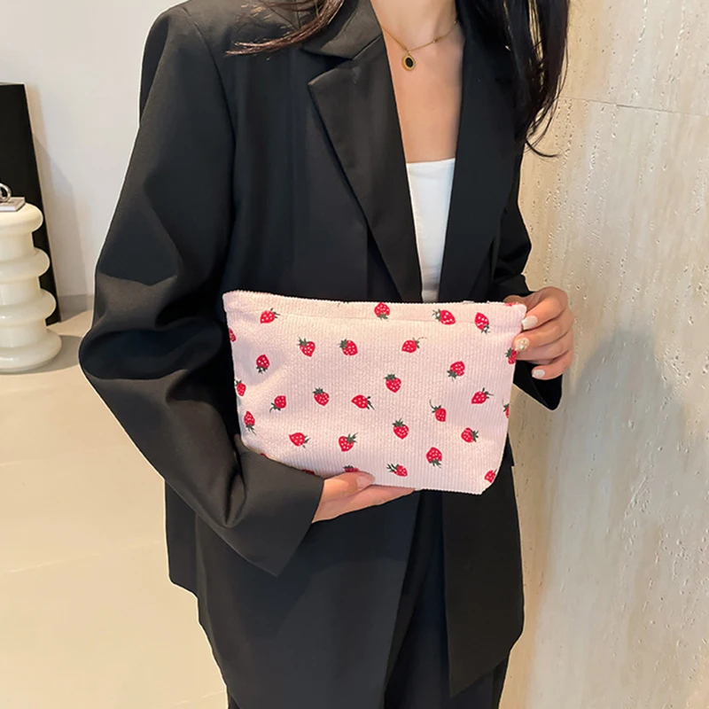 

1pcs Women Girls Corduroy Beauty Cosmetic Bag Strawberry Print Travel Toiletry Bag Storage Bag Up Handbag