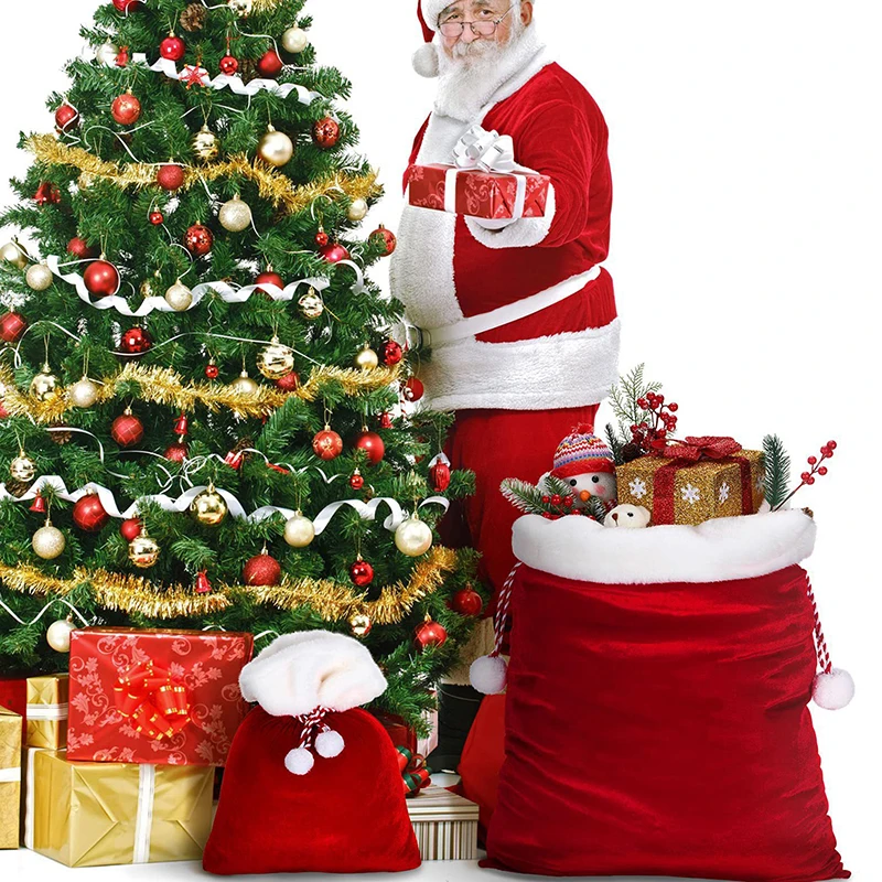 Coulisse con cordoncino per sacco di Babbo Natale in peluche con pompon per bambini Borsa regalo di Natale di lusso Buon Natale