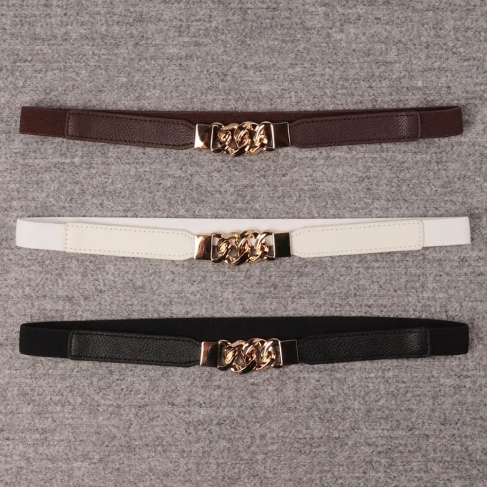 

Women Belt Elastic Band Imitation Leather Women's Belt with Metal Chain Buckle for Dress Sweater Adjustable Anti-slip Waist