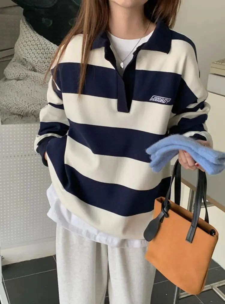 Harajuku Striped Sweatshirt Women Korean Style Preppy Pullover Female Fashion Polo Sweatshirt Ladies Casual Long Sleeve Top