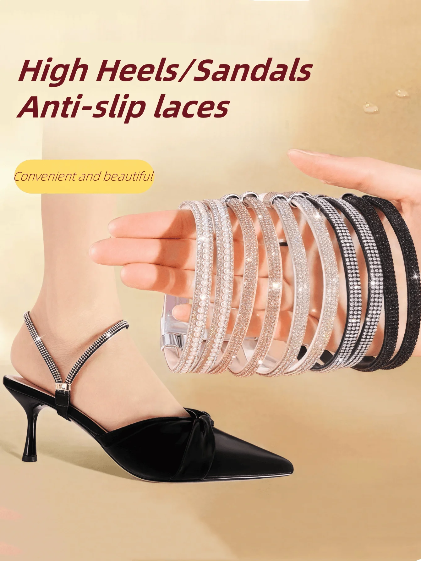 1 pair Women high Heeled shoe with Anti Loosening diamond laces anti-falling heel with diamond elastic fixation strap rhinestone