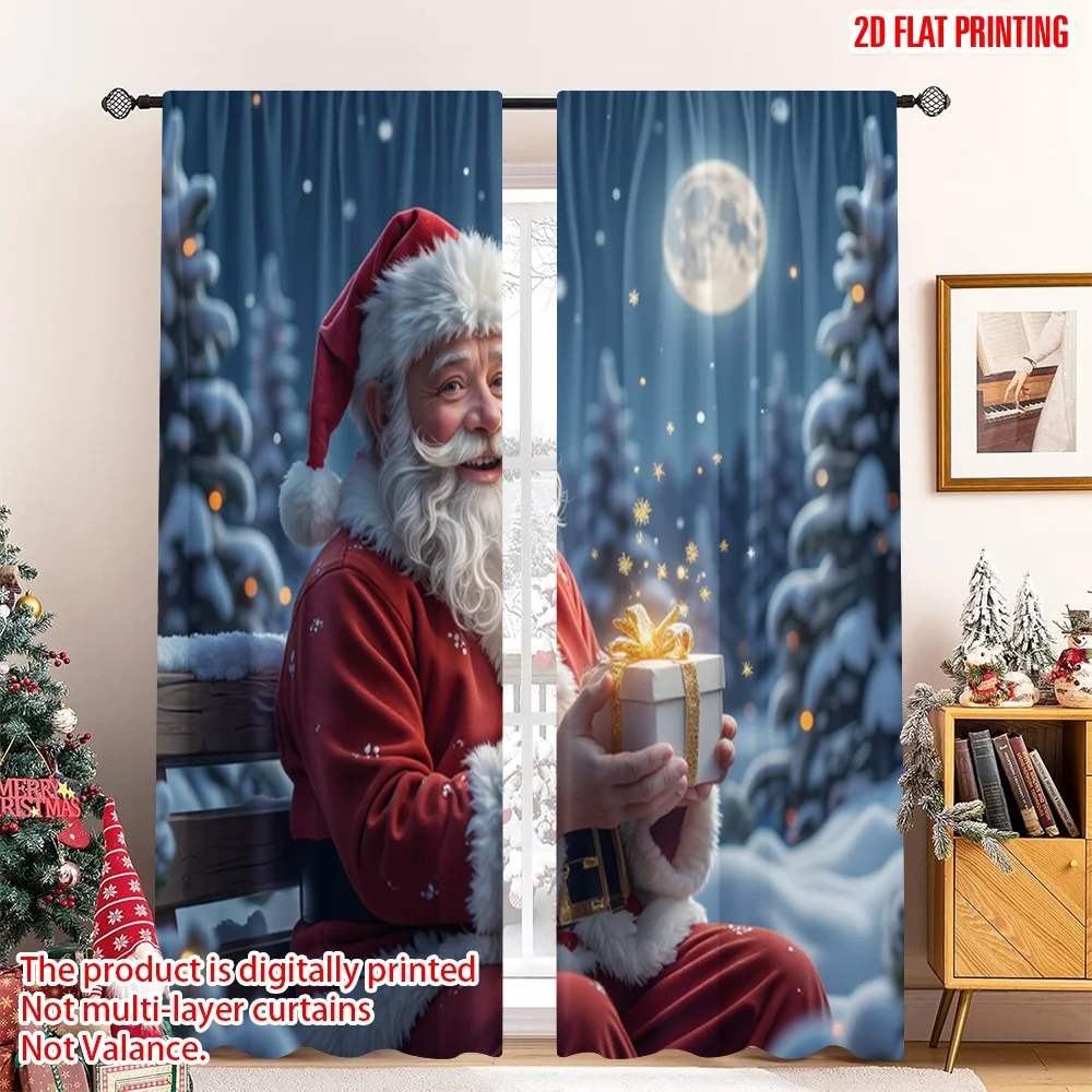 

2pcs 2D flat printing Merry Christmas Popular Curtains Santa Gift Snowy Moonlit Night Fabric Without Electricity Party & Holiday