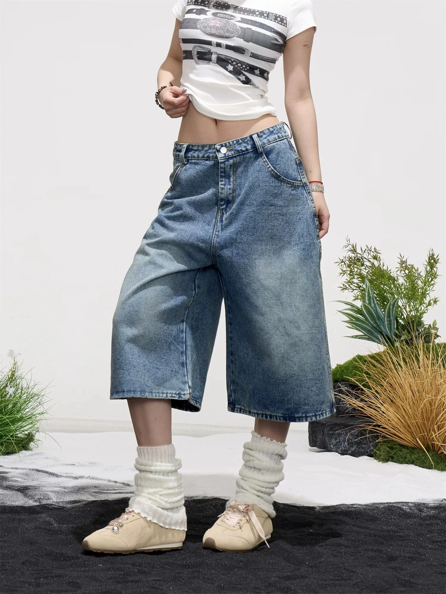 

Retro American Embroidered Washed Wide Leg Seven-Foot Jeans Women's Summer Loose Slim Straight Casual Shorts Jeans
