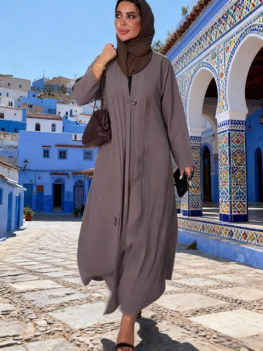 

Ид Мусульманский женский плащ Абая 2026 Арабский длинный халат Джалабия Платья на одной пуговице Рамадан Дубай Абая Кафтан Складки Vestidos