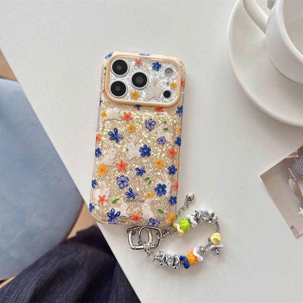 Kawaii Floral Rabbit Phone Case For iPhone 15 16 17 18 Pro Max Shell Texture Cute Flower Shockproof Protective Cover With Chain