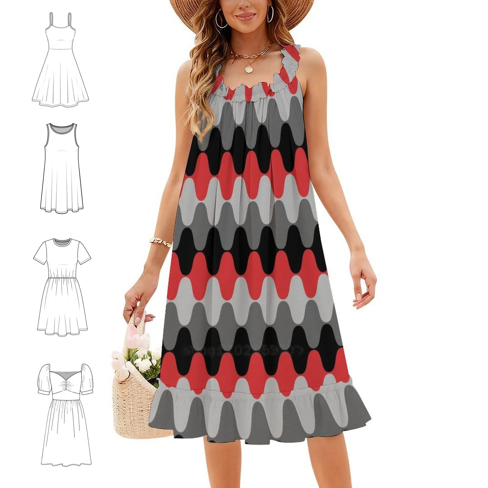 Red Gray And Black Wavy Stripe Pattern Pairs Coloro Vintage Bohemian Dress Puff Sleeve Or Sleeveless Options For Women Dress
