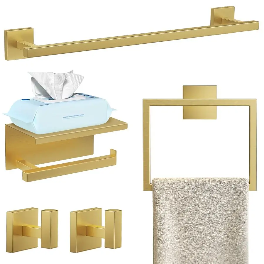 

5Pieces Brushed Gold Bathroom Hardware Accessories Set Stainless Steel Bathroom Towel Bar Set Towel Holder Set for Bathroom,Upgr