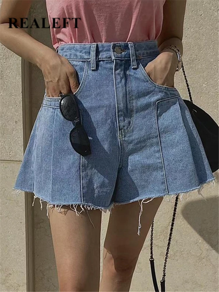 

REALEFT Blue Women's Denim Wide Leg Shorts 2023 New Spring Summer High Waist Casual Jeans Chic A-Line Trourses Female