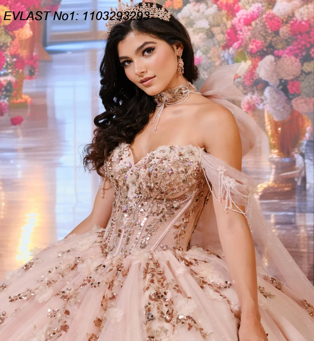 EVLAST personalizado brillante Rosa vestido De baile vestido para quinceañeras apliques De lentejuelas capa con cuentas dulce 16 Vestidos De 15 Anos E1QN271