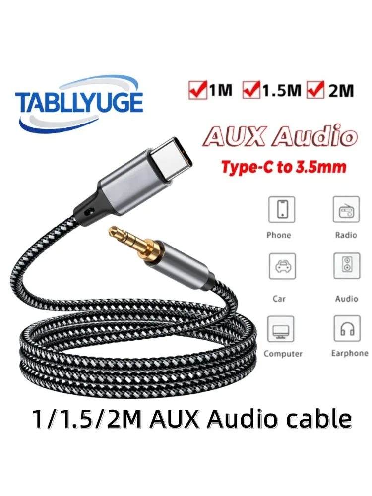 TABLLYUGE USB Type-C naar 3,5 mm Jack Aux-kabel USB-C Audio-adapter 1 m/1,5 m/2 m voor telefoonhoofdtelefoon Auto-audioconnector Aux-kabel - afbeelding 2