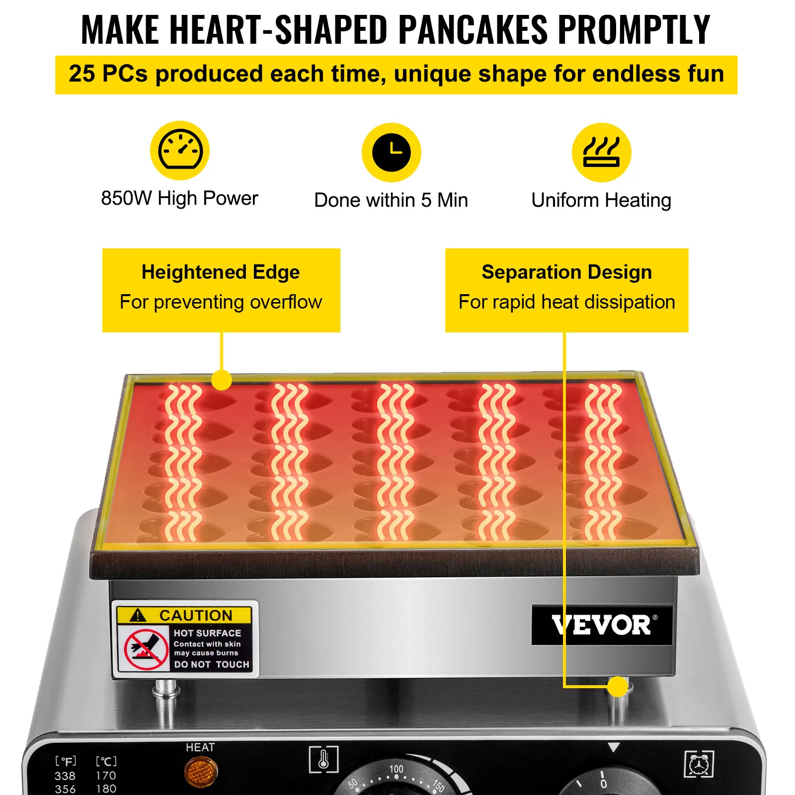 VEVOR Macchina per Poffertjes e Crepes Olandesi a Forma di Cuore da 25 Fori, Piastra Elettrica per Crepes Olandesi con 25 Stampi di Cuore di 850w, Mini Pancakes Maker Elettrica Antiaderente da 25 Fori