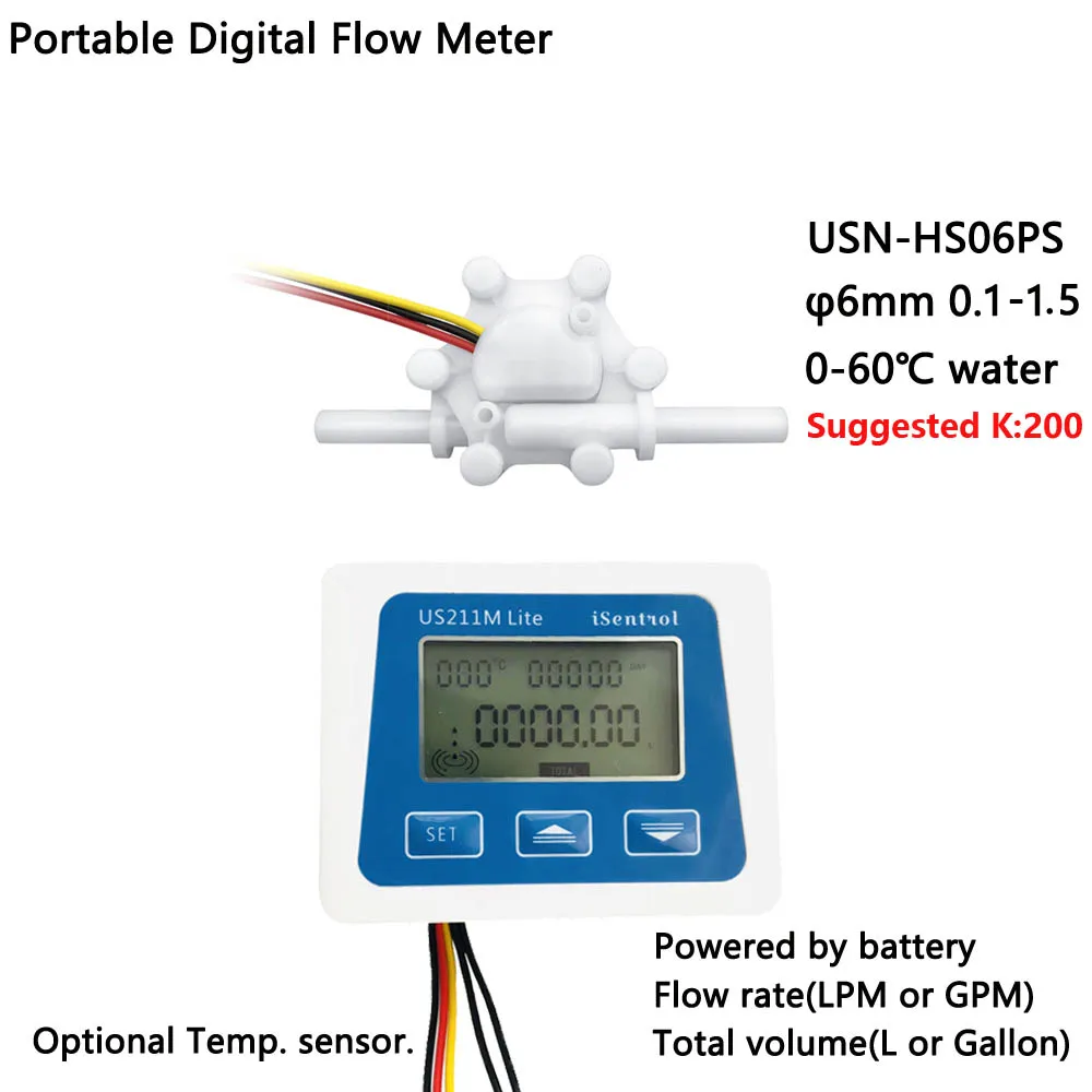 US211M Lite Portable Digital Flow Meter with USN-HS06PS Flow Sensor 0.1-1.5L/min Flow Range