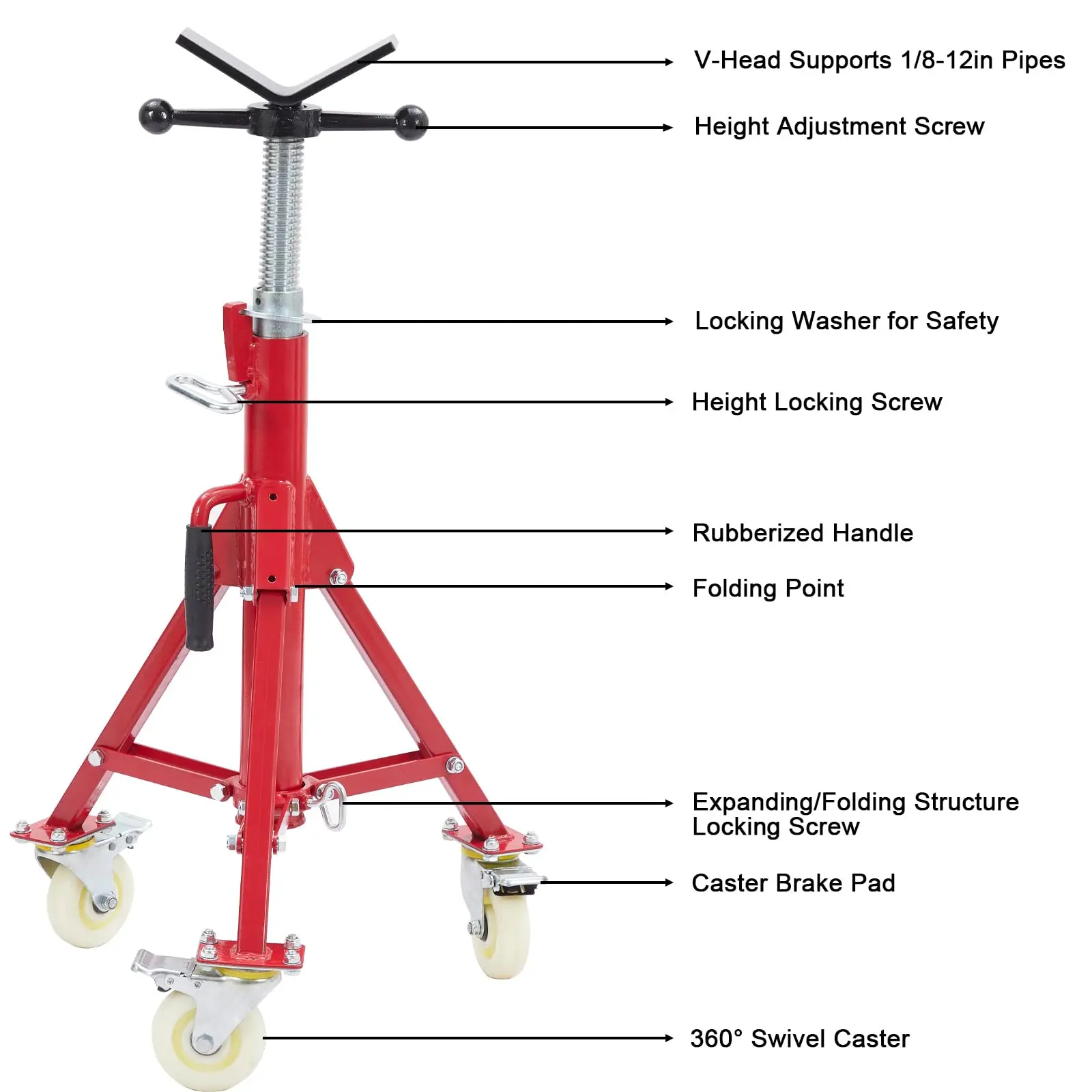 حامل الأنابيب، حامل مقبس الأنابيب مع عجلات 28-52 بوصة ارتفاع قابل للتعديل على شكل حرف V قابل للطي محمول بسعة تحميل 1100 رطلًا من 1/8 إلى 12 بوصة