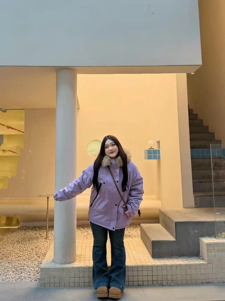 

plus Size Slimming Outfit Women's Hooded Fur Collar Loose Cotton Jacket High Waist Cover Hip Retro Flared Jeans Two Piece Set