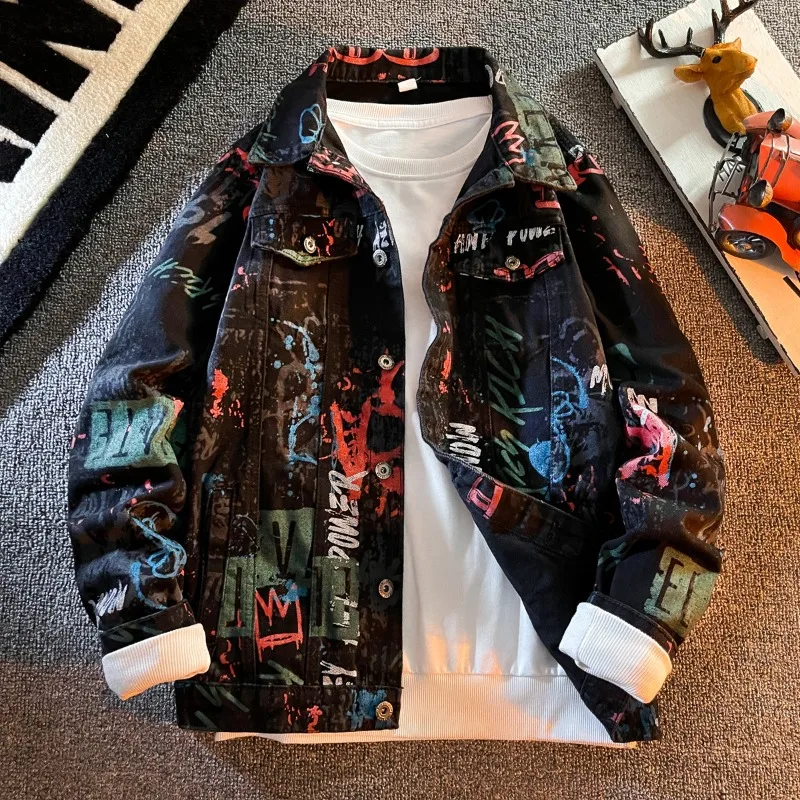 

Letter Graffiti Denim Jacket Men's Spring Slim Top Unisex Handsome Casual Coat Black Lapel Collage Pocket Jackets Men's Clothing