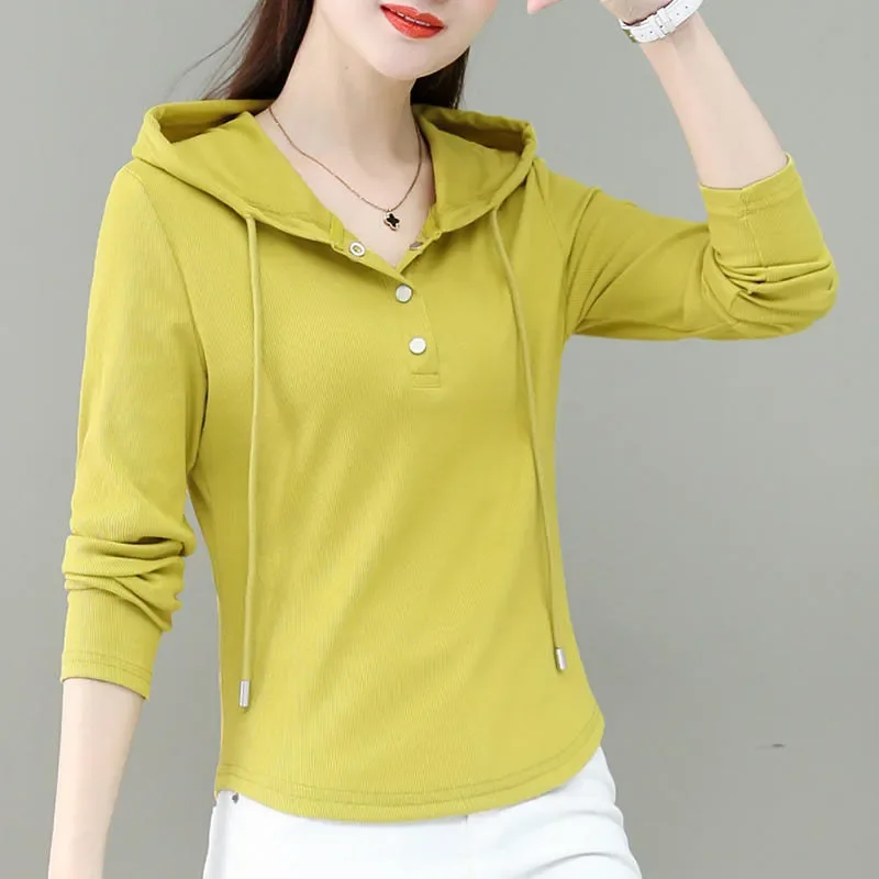 Spring Summer Women's Mustard Yellow Ribbed Hooded Henley Top Long Sleeve Button Front Casual Hoodie