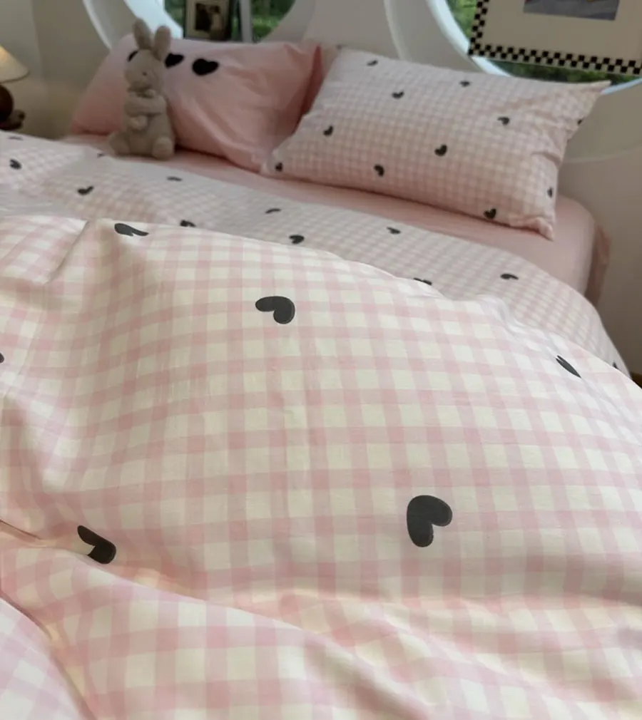 Cute sweet pink plaid heart beding set 1.2 1.5 1.8 2.0,twin full queen king cotton home textile bed sheet pillowcase quilt cover