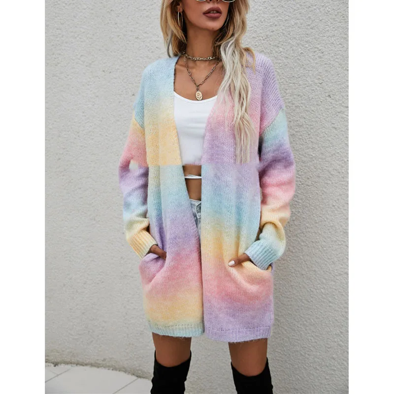 

Autumn Winter New Women's Fashion Slash Neck Cardigan Rainbow Tie Dyeing Pockets Spliced Long Sleeve Loose Casual Sweaters Tops