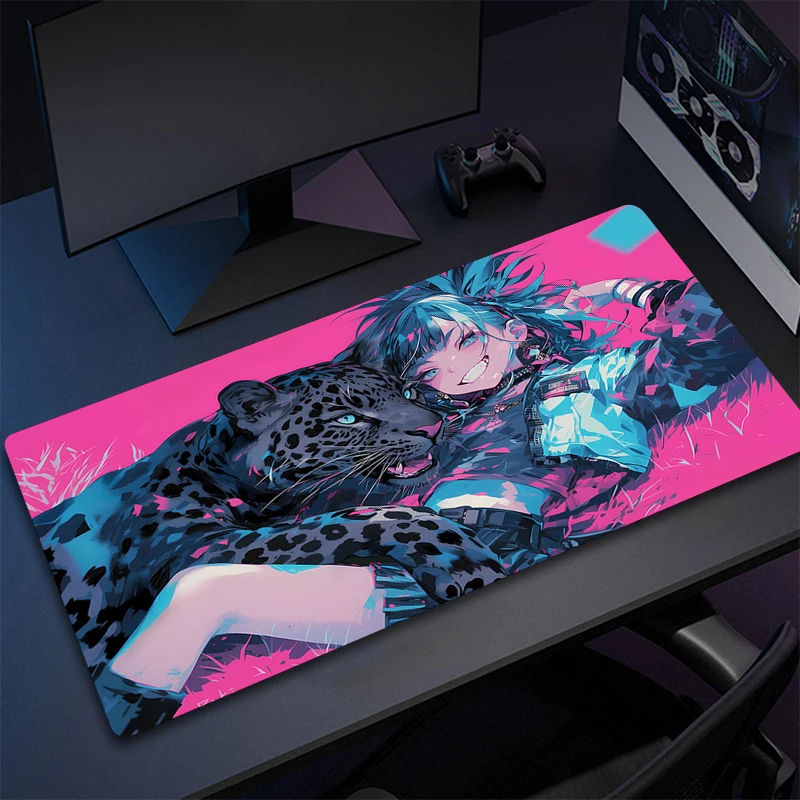 Anime Girls Panther Mouse Pad Kawaii Non-Slip Rubber Desk Mat Cute Large Gaming Mousepad HD Print Game Keyboard Pads XXL 900x400