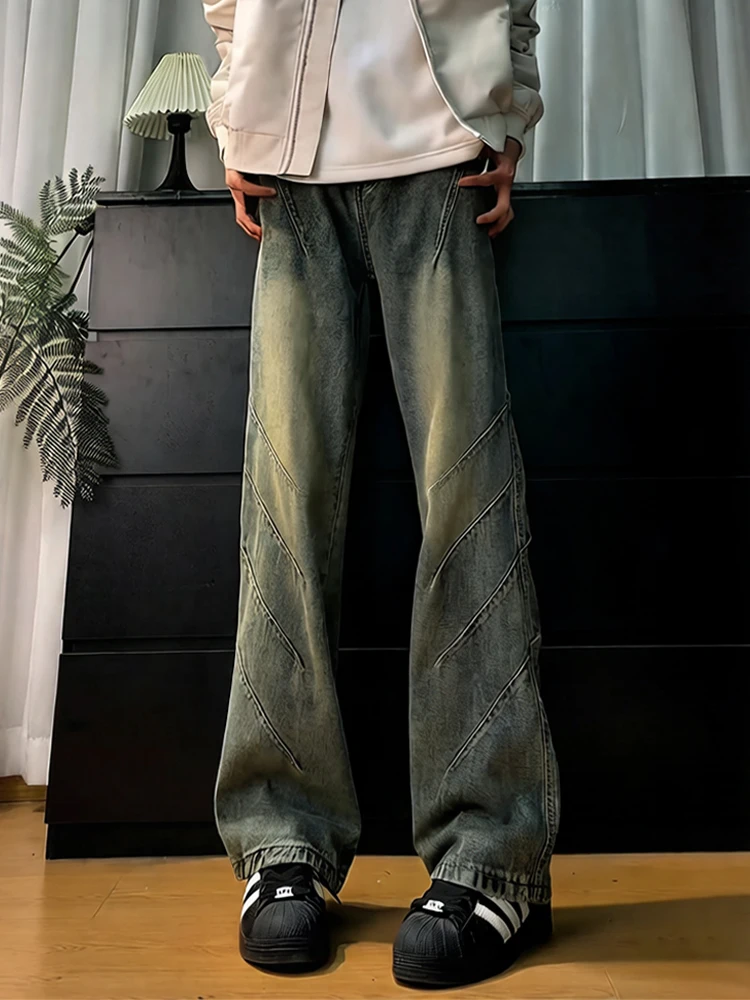 

Мужские джинсы синего цвета в стиле ретро, с косым кроем, весенние, в американском стиле, с высокой посадкой, прямые, слегка расклешенные, для повседневной носки