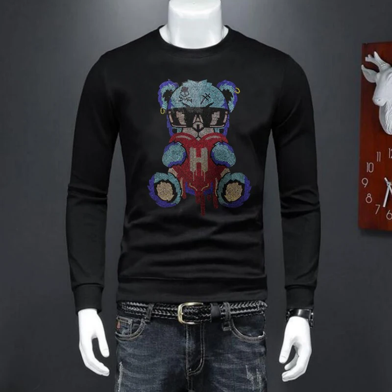 

Hoodies Breathable Quality Men Fashion Sweatshirts Tops Male Rhinestone Casual