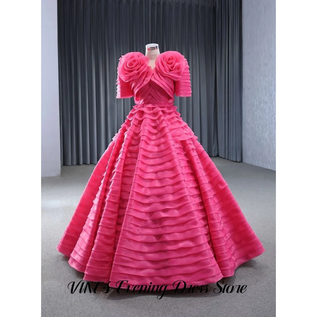 

VINES Hot Pink Prom Dress V-Neck Rose Ruffle Sleeve Tiered Evening Dress Floor Length Formal Gown For Women Girls Customized