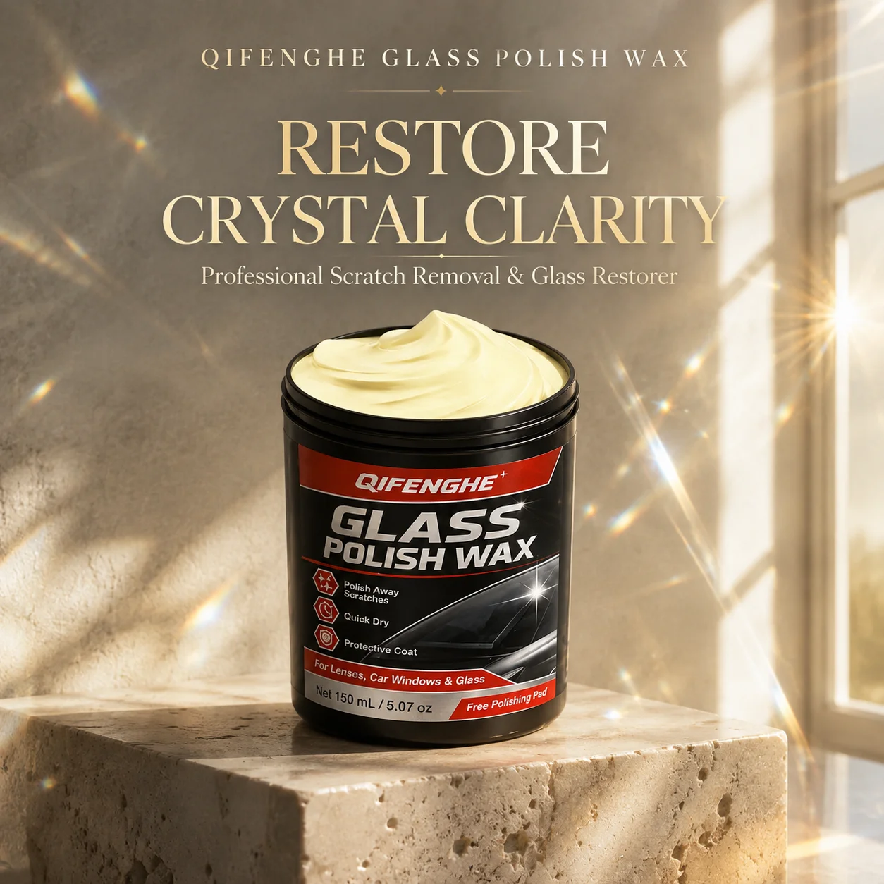 Fast-Acting Glass Polish, Removes Scratches, Restores Transparency, Long-Lasting Shield, 150ml