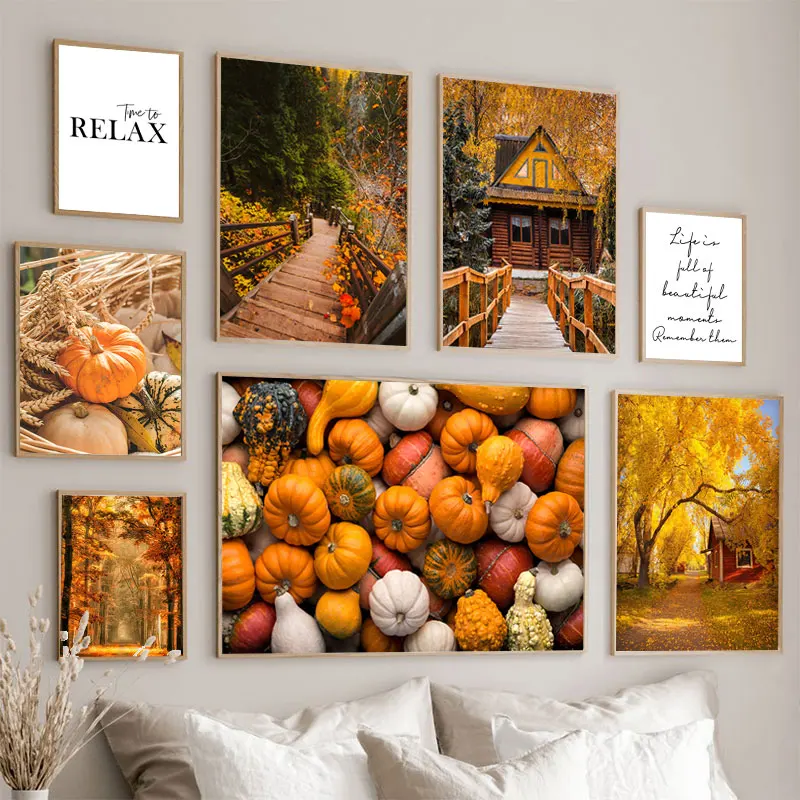Herbst Dekoration Leinwand Poster Gelbe Blätter Herbst Ansicht Wand Kunstdruck Kürbis Malerei Halloween Bild Wohnzimmer Wohnkultur